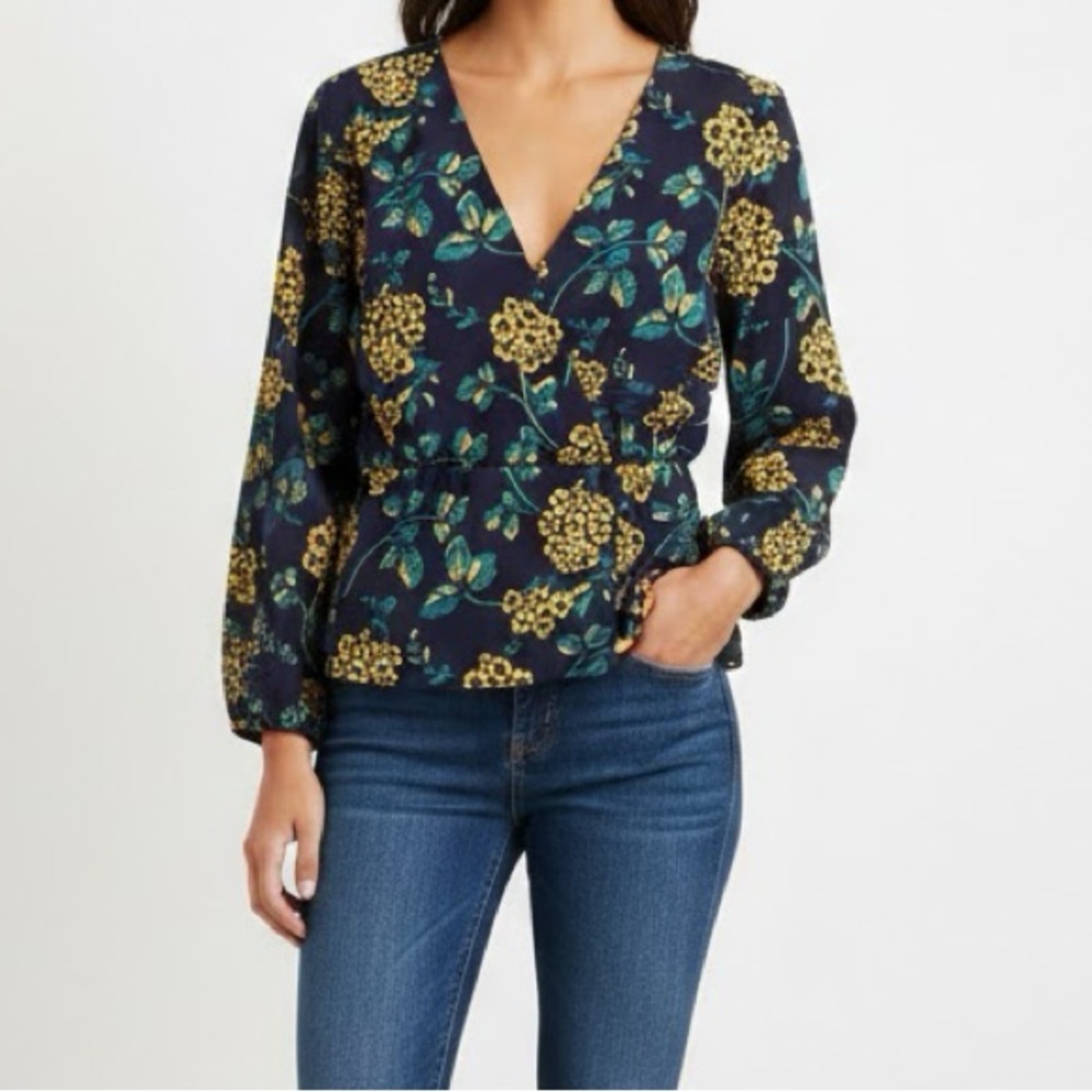 J. Crew Navy Floral Long Sleeve Faux Wrap Blouse Medium